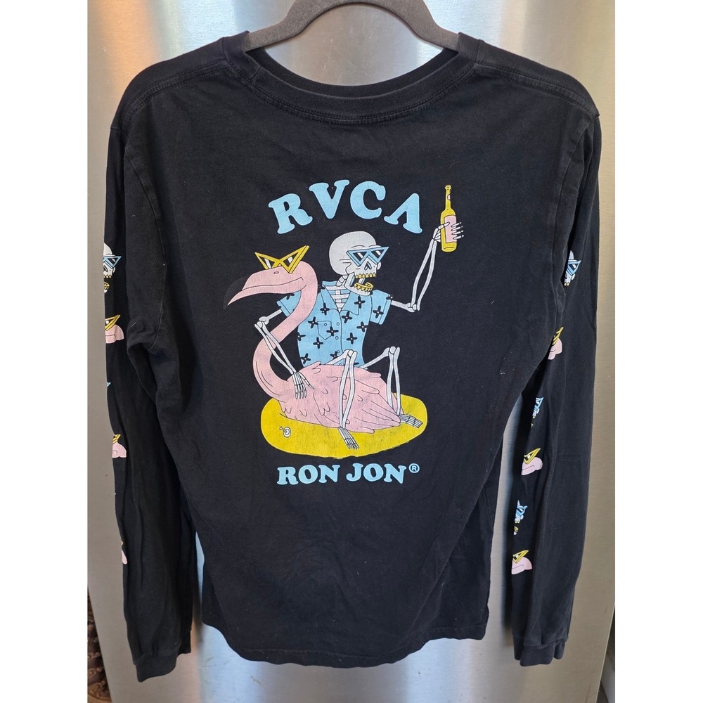 RVCA Mens M Long Sleeve T-Shirt Black Ron Jon Skeleton Flamingo Graphic Tee